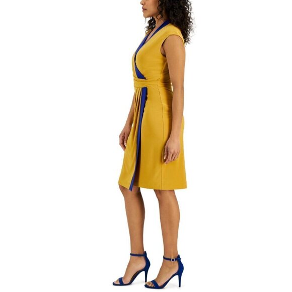 Kasper Colorblocked Blue and Gold Faux-Wrap Cap-Sleeve Dress NWT - Picture 3 of 7